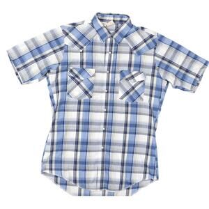 Western Frontier Blue Plaid Polyester Snp Button Shirt M Short Sleeve